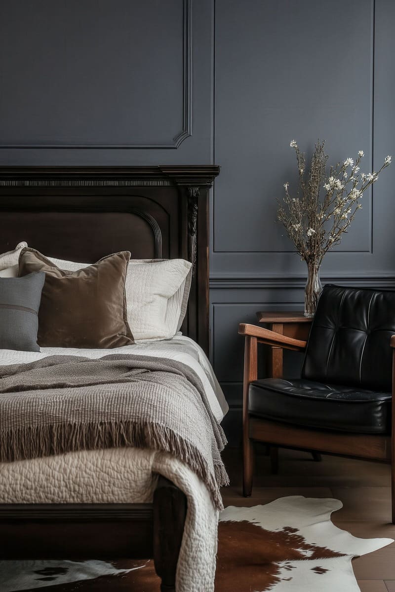 Bedroom with dark panelled walls and warm bedside light