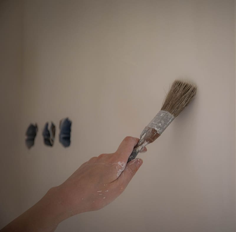 Brush beside colour swatches painted on a wall